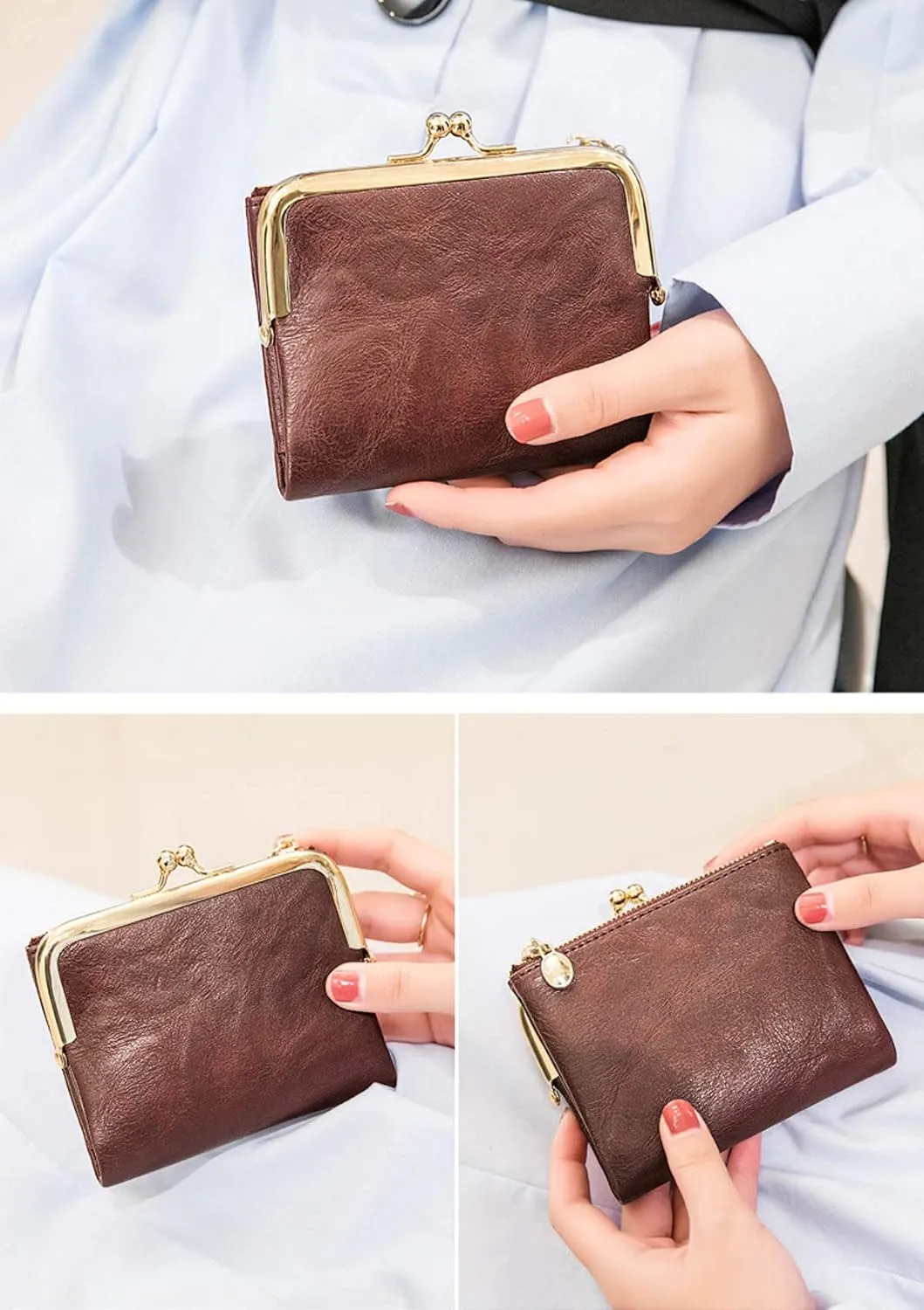 PofeeXIO Womens Wallet RFID Small Compact Bifold Leather Vintage Wallet,Ladies Coin Purse with Zipper and Kiss Lock