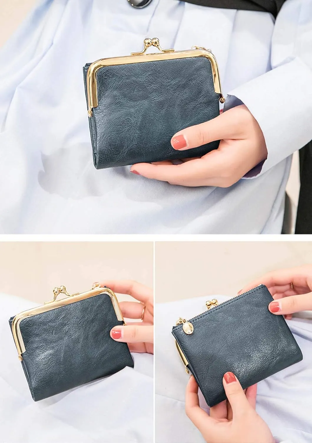 PofeeXIO Womens Wallet RFID Small Compact Bifold Leather Vintage Wallet,Ladies Coin Purse with Zipper and Kiss Lock