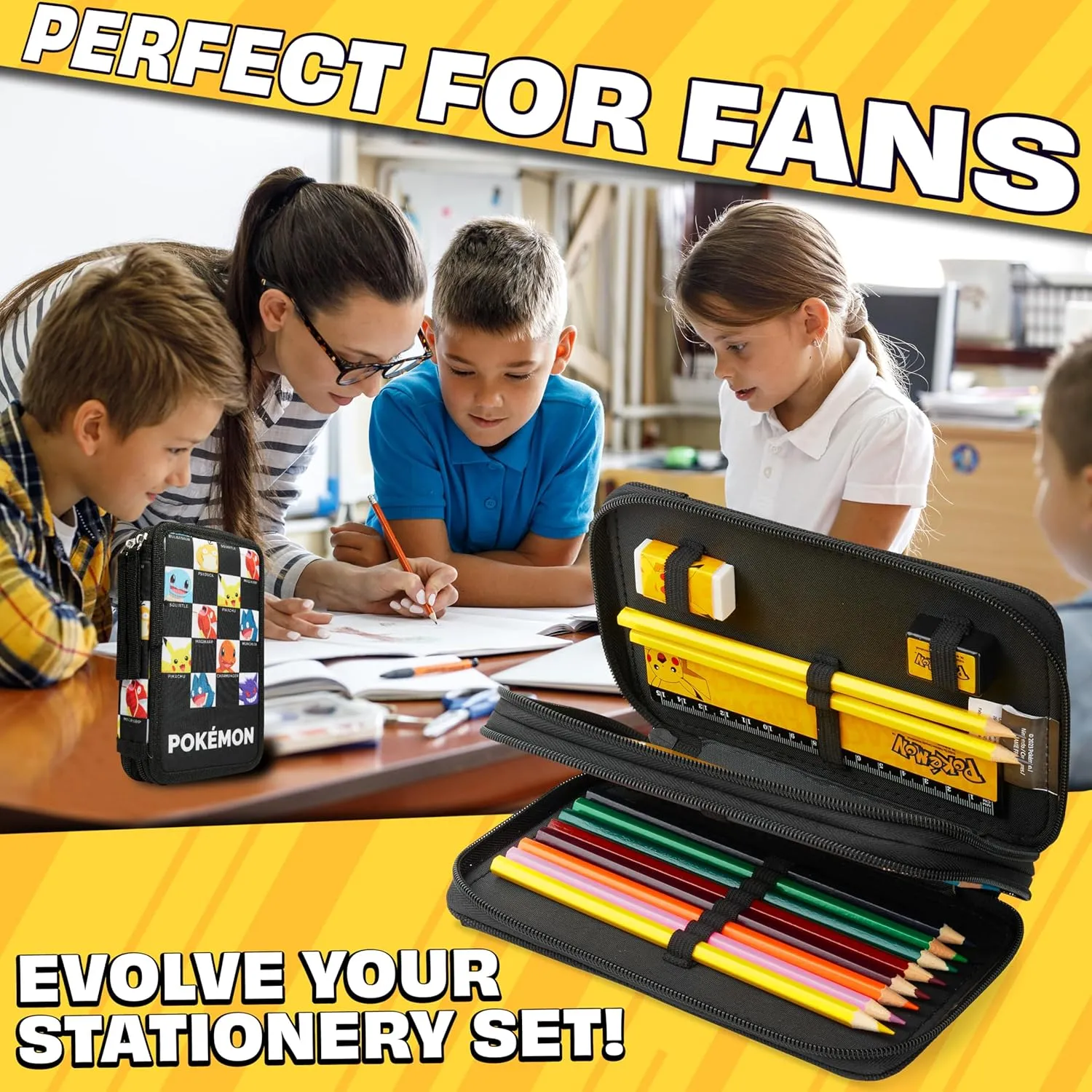 Pokemon Pencil Case Kids Teen School Supplies Filled Pencil Case with Pikachu Pencil Pouch Colored Pencils Set Pens for Drawing School Gifts (AOP Pokémon Characters)