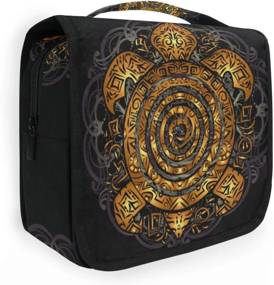 Polynesian Golden Tribal Sea Turtle Tattoo on Black Toned Maori Hanging Wash Gargle Toiletry Bag Travel Cosmetic Makeup Case Organizer Storage Large Portable