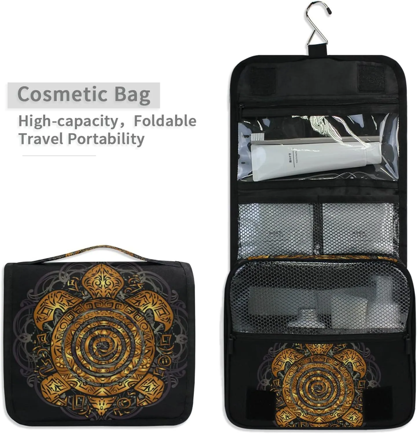 Polynesian Golden Tribal Sea Turtle Tattoo on Black Toned Maori Hanging Wash Gargle Toiletry Bag Travel Cosmetic Makeup Case Organizer Storage Large Portable