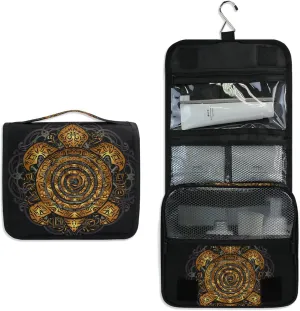 Polynesian Golden Tribal Sea Turtle Tattoo on Black Toned Maori Hanging Wash Gargle Toiletry Bag Travel Cosmetic Makeup Case Organizer Storage Large Portable