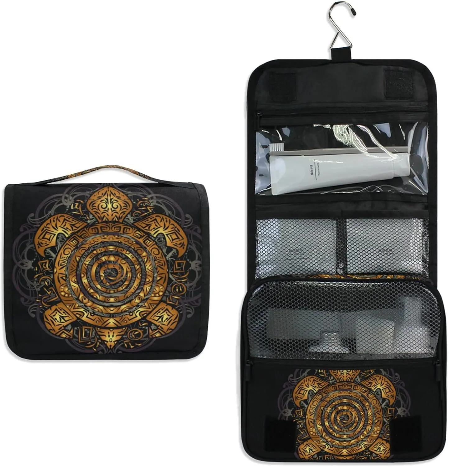Polynesian Golden Tribal Sea Turtle Tattoo on Black Toned Maori Hanging Wash Gargle Toiletry Bag Travel Cosmetic Makeup Case Organizer Storage Large Portable