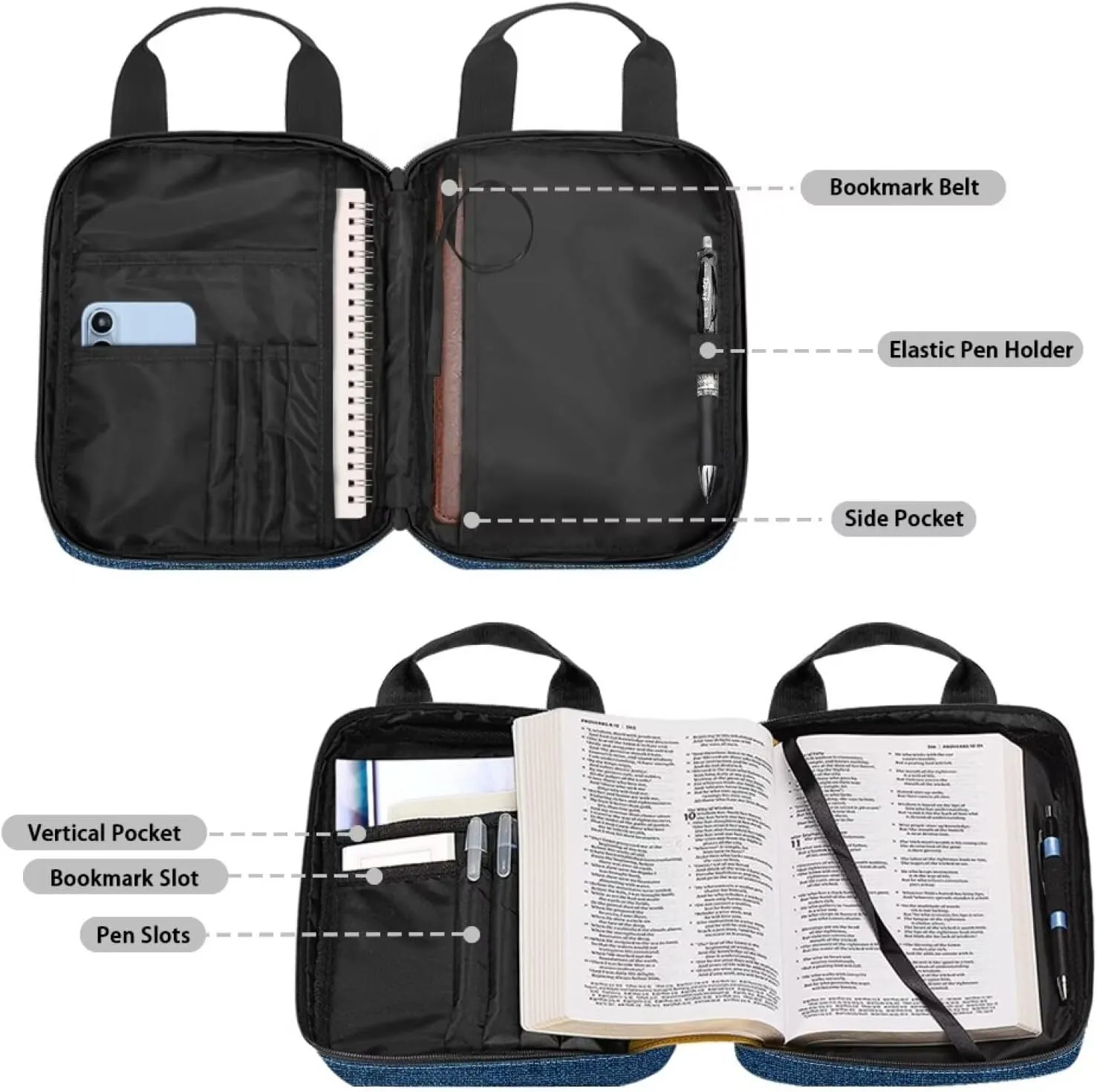 Portable Bible Cover Bookcase with Handle Bible Tote Bag Bible Books Pens Organizer 10.8 x 8.4 x 2.7 inches