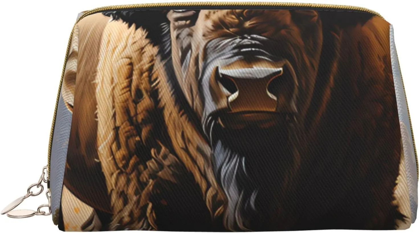 Portable Leather Makeup Bag for Women - Travel Cosmetic Organizer, Large North American bison herd Print Makeup Pouch