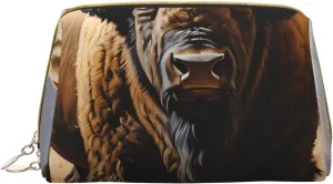 Portable Leather Makeup Bag for Women - Travel Cosmetic Organizer, Large North American bison herd Print Makeup Pouch