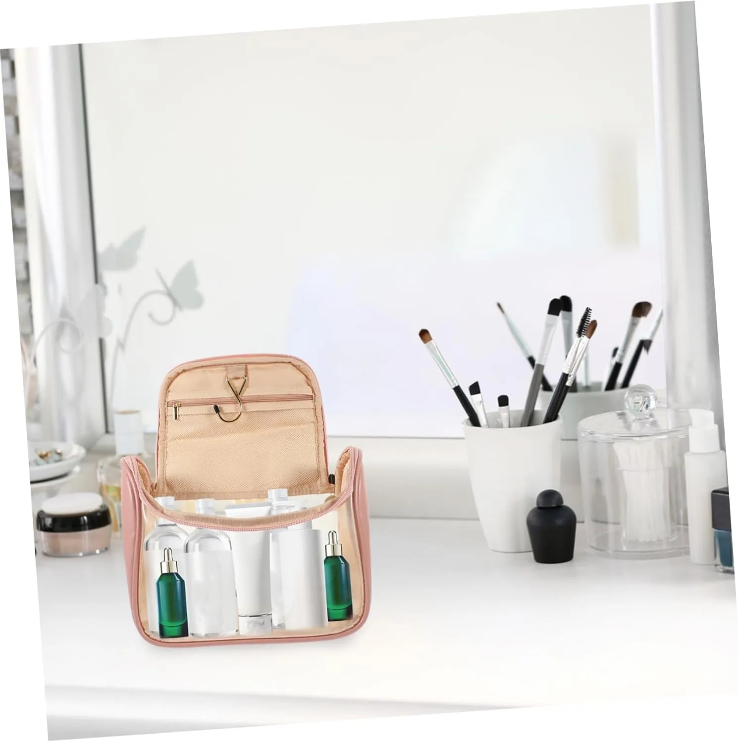 Portable Wall-Mounted Toiletry Bag Handbag Tote Bag Clear Cosmetic Bag Wall Hanging Make up Travel, Pink, 24X18X12CM
