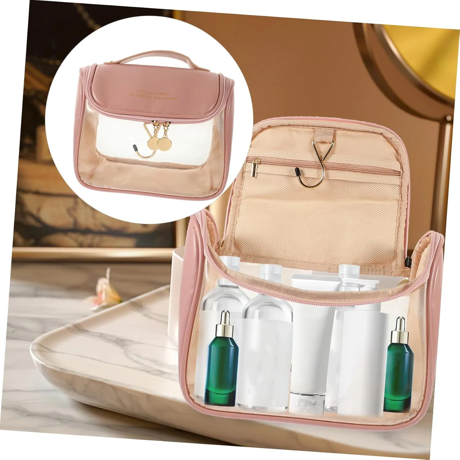 Portable Wall-Mounted Toiletry Bag Handbag Tote Bag Clear Cosmetic Bag Wall Hanging Make up Travel, Pink, 24X18X12CM