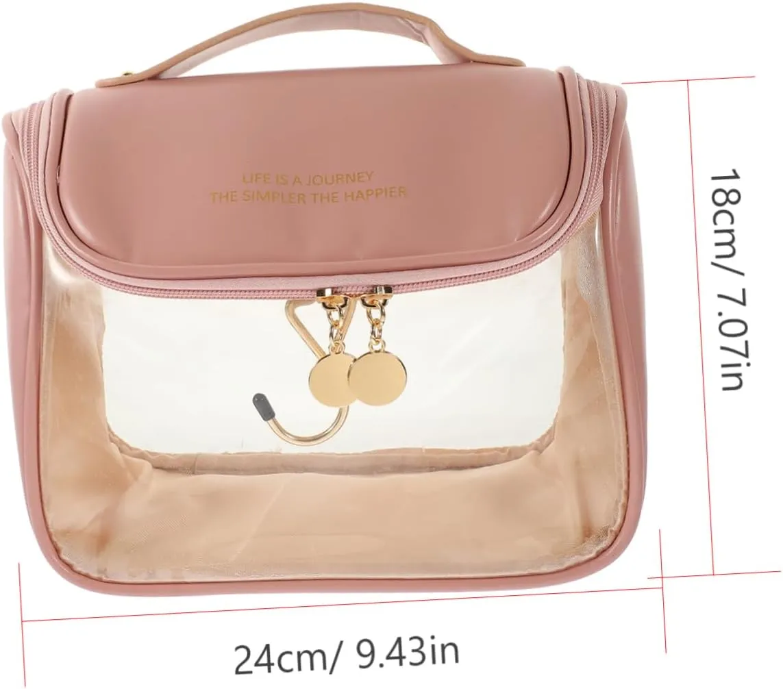 Portable Wall-Mounted Toiletry Bag Handbag Tote Bag Clear Cosmetic Bag Wall Hanging Make up Travel, Pink, 24X18X12CM