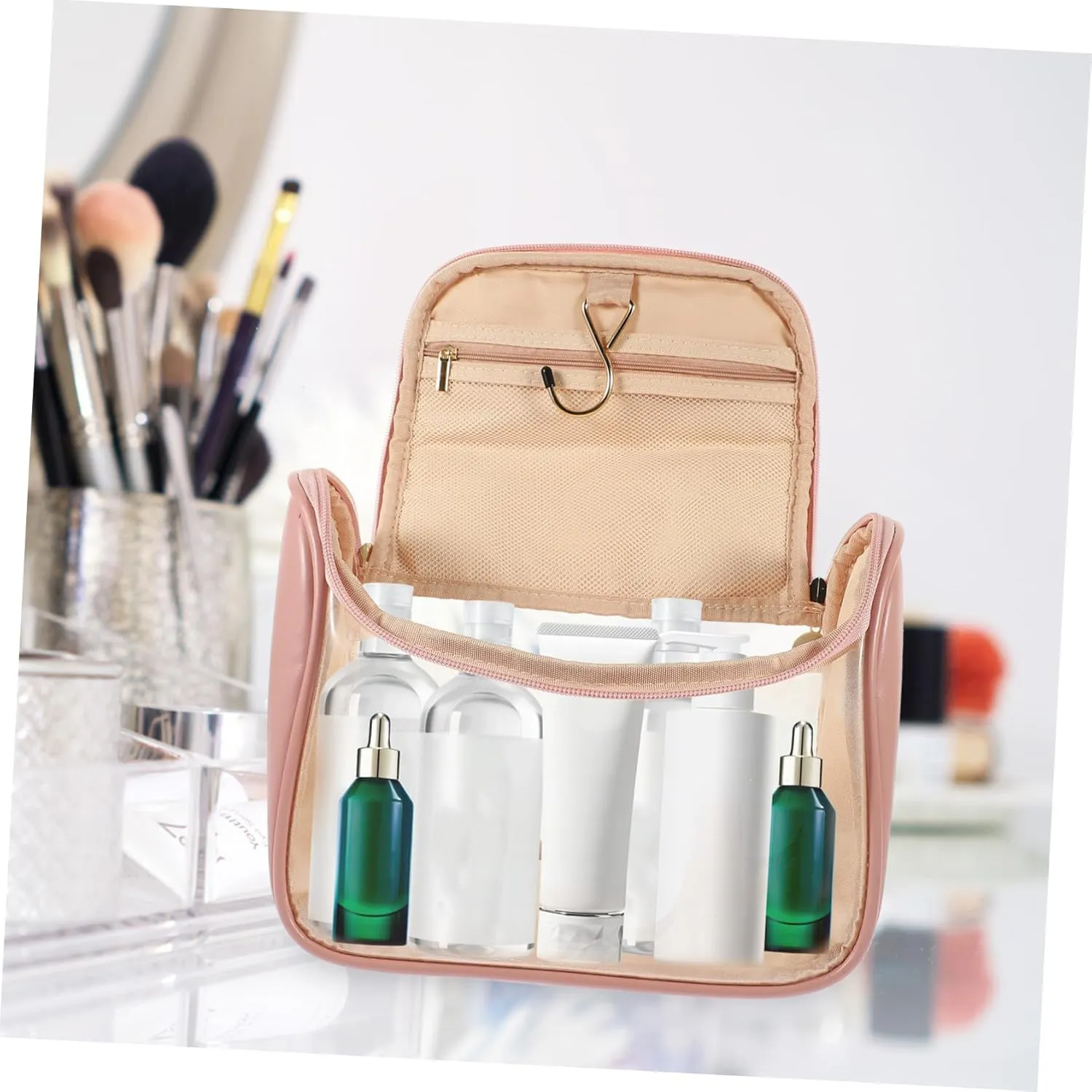 Portable Wall-Mounted Toiletry Bag Handbag Tote Bag Clear Cosmetic Bag Wall Hanging Make up Travel, Pink, 24X18X12CM