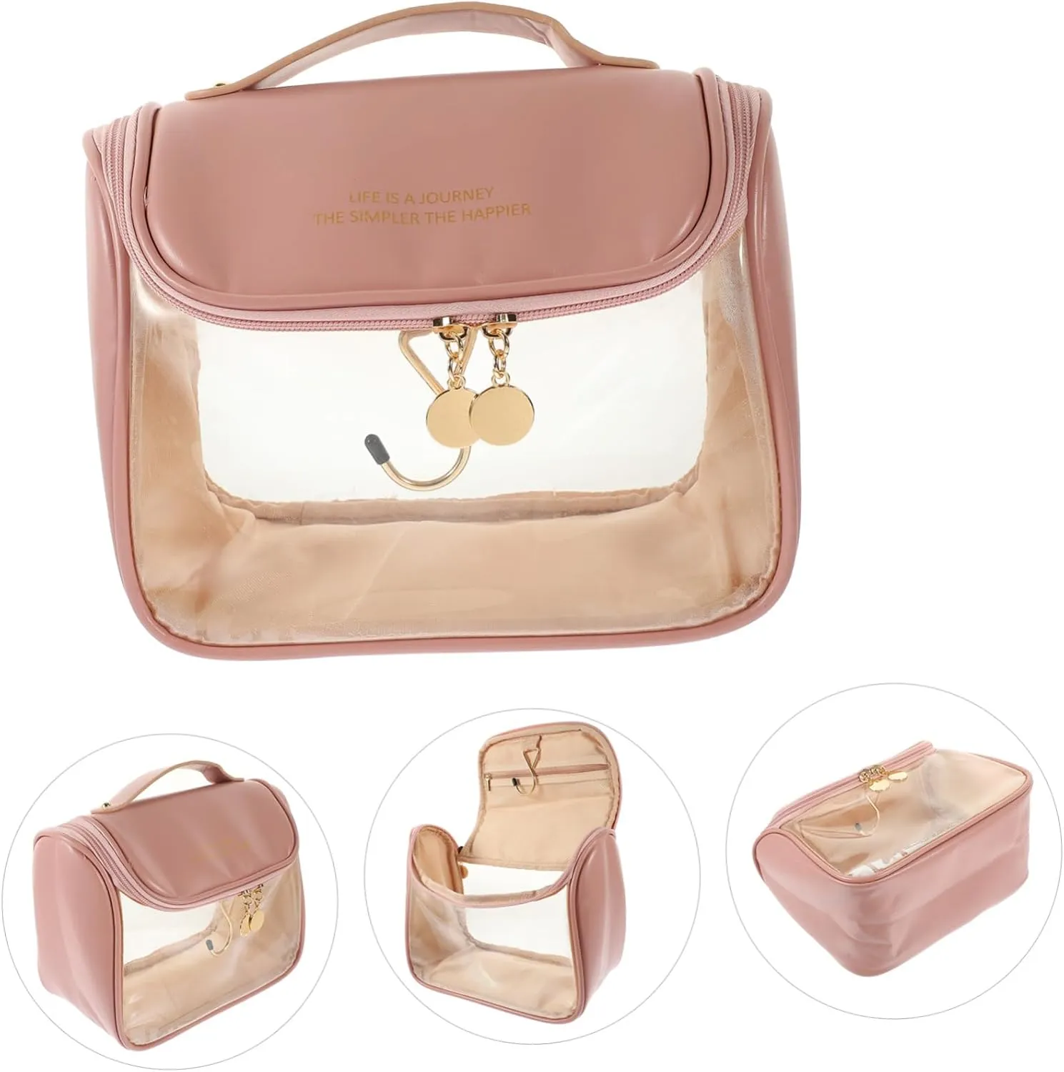 Portable Wall-Mounted Toiletry Bag Handbag Tote Bag Clear Cosmetic Bag Wall Hanging Make up Travel, Pink, 24X18X12CM