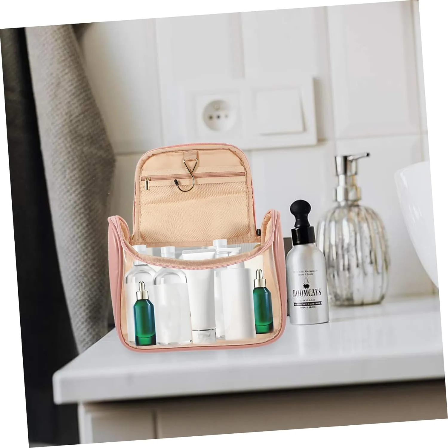 Portable Wall-Mounted Toiletry Bag Handbag Tote Bag Clear Cosmetic Bag Wall Hanging Make up Travel, Pink, 24X18X12CM