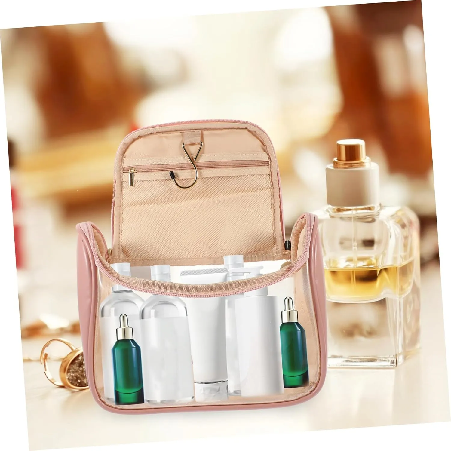 Portable Wall-Mounted Toiletry Bag Handbag Tote Bag Clear Cosmetic Bag Wall Hanging Make up Travel, Pink, 24X18X12CM