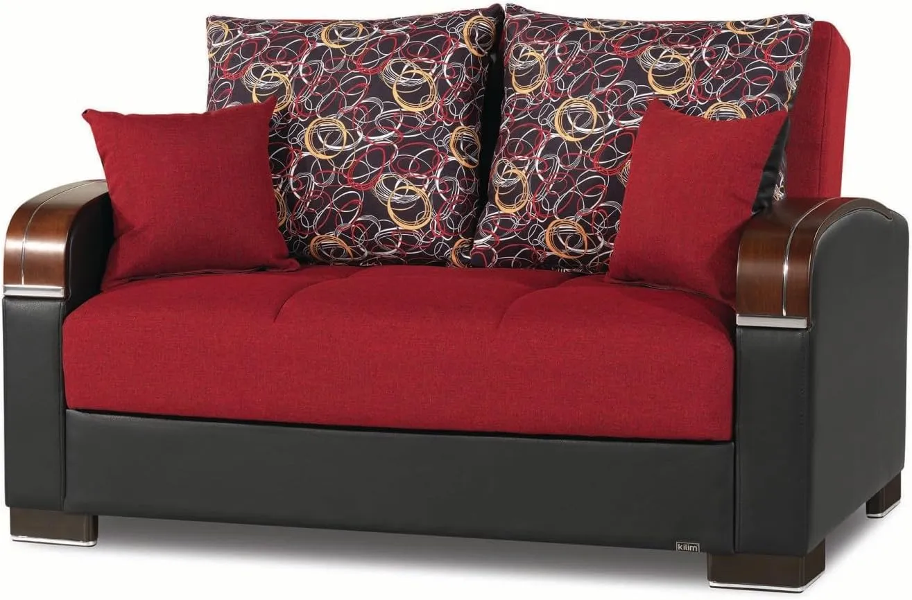 PrimeNest Mobilon Collection Upholstered Convertible Loveseat with Storage, Red