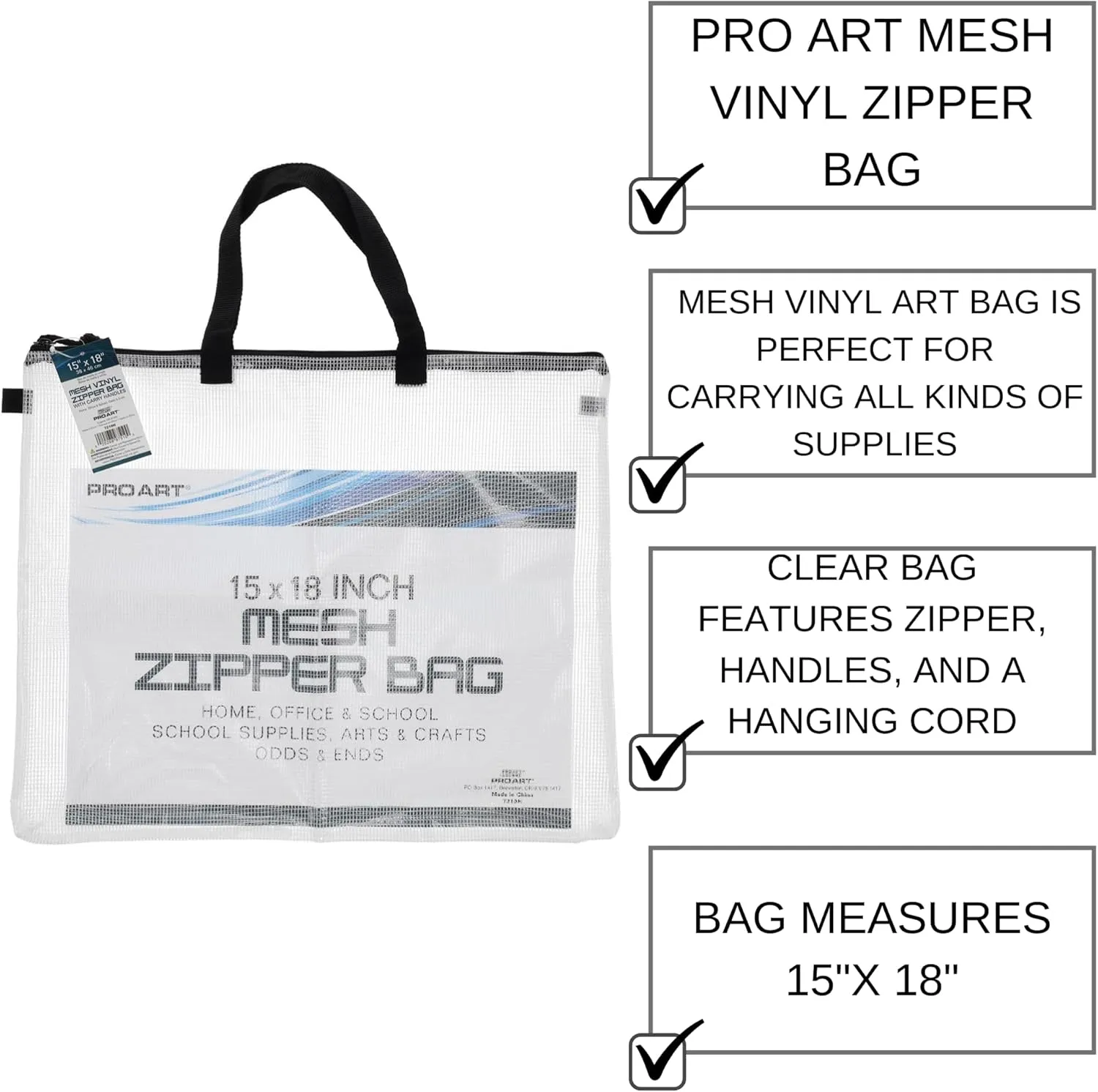 Pro Art Mesh Vinyl Zipper Bag, 15-inch x 18-inch Handle, Translucent