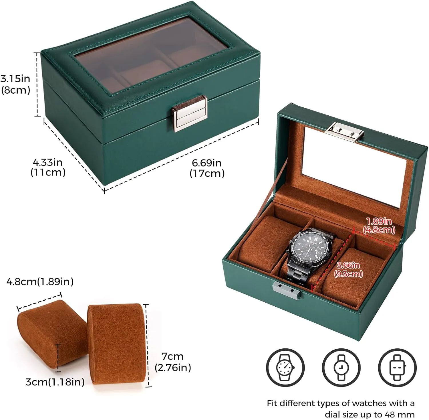 ProCase Watch Box for Men, 3 Slot Mens Watch Case, Watch Storage Watch Holder Organizer for Men, Watch Display Case With Glass Lid -3 Slot, MidnightGreen
