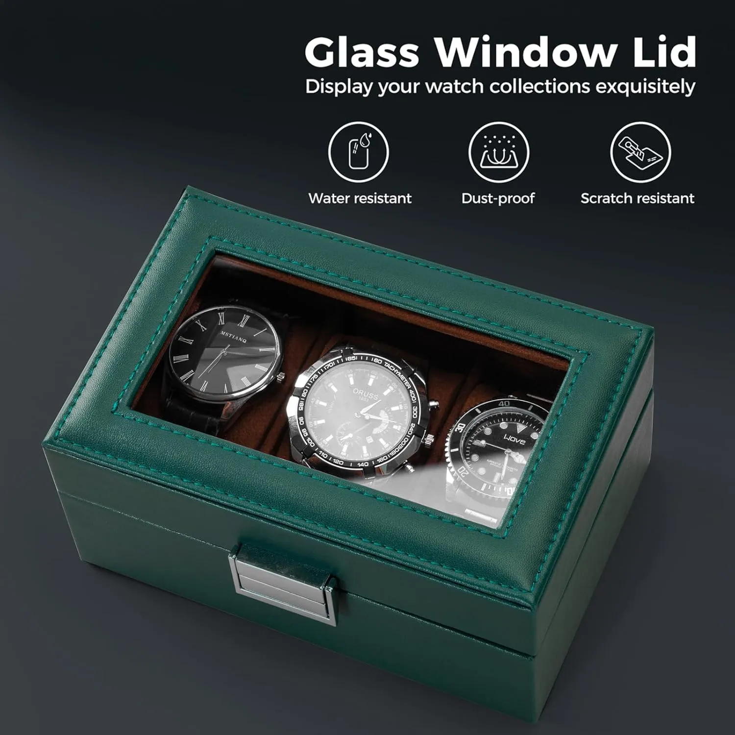 ProCase Watch Box for Men, 3 Slot Mens Watch Case, Watch Storage Watch Holder Organizer for Men, Watch Display Case With Glass Lid -3 Slot, MidnightGreen