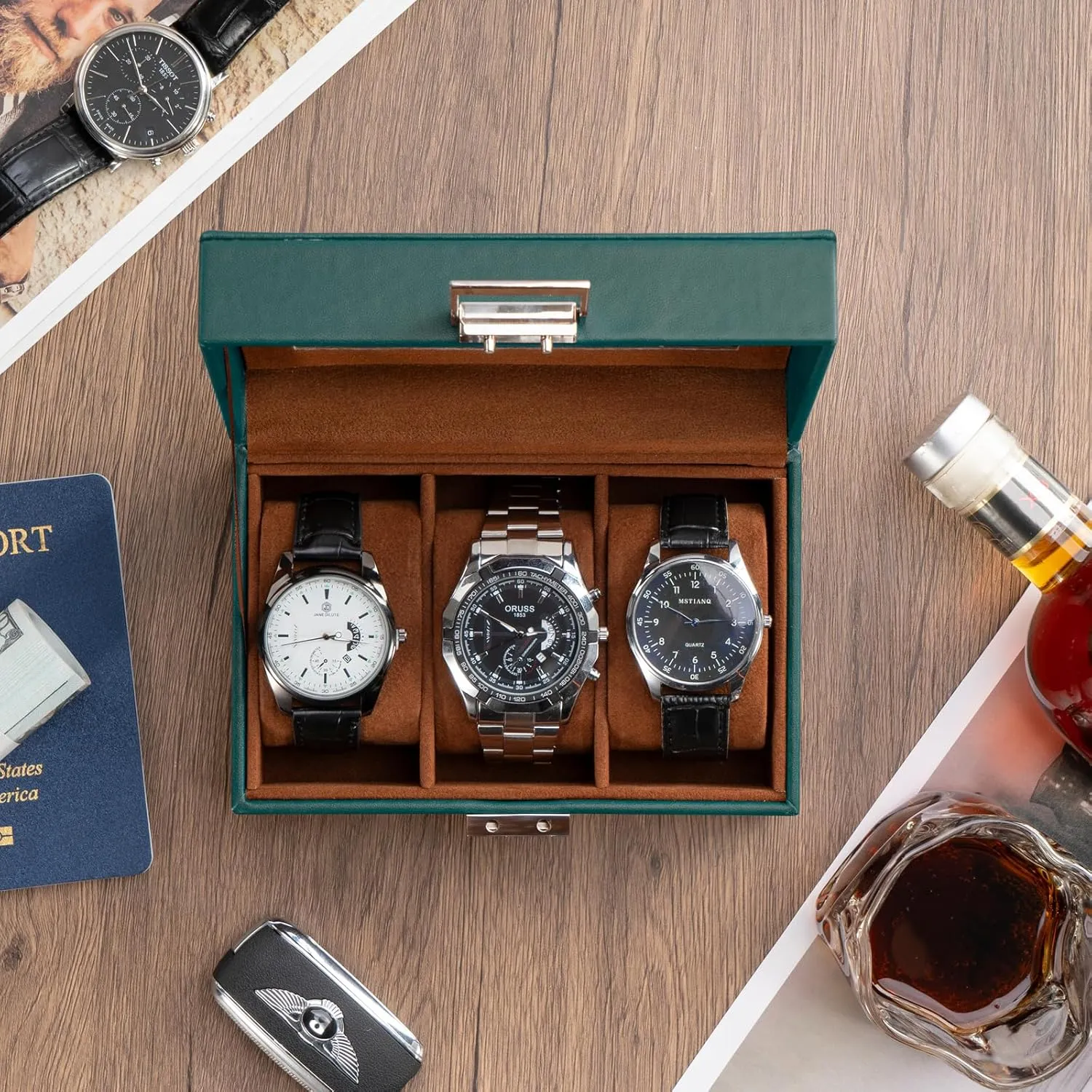 ProCase Watch Box for Men, 3 Slot Mens Watch Case, Watch Storage Watch Holder Organizer for Men, Watch Display Case With Glass Lid -3 Slot, MidnightGreen