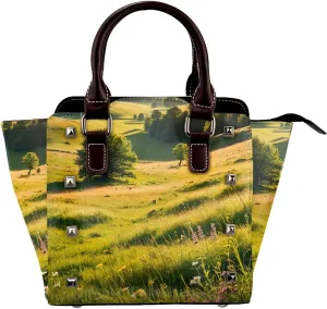 PU Leather Rivet Shoulder Bag for Women,Sunlit Meadows Print Women's Crossbody Handbag Purse Adjustable & Removable Strap Small Tote Bags