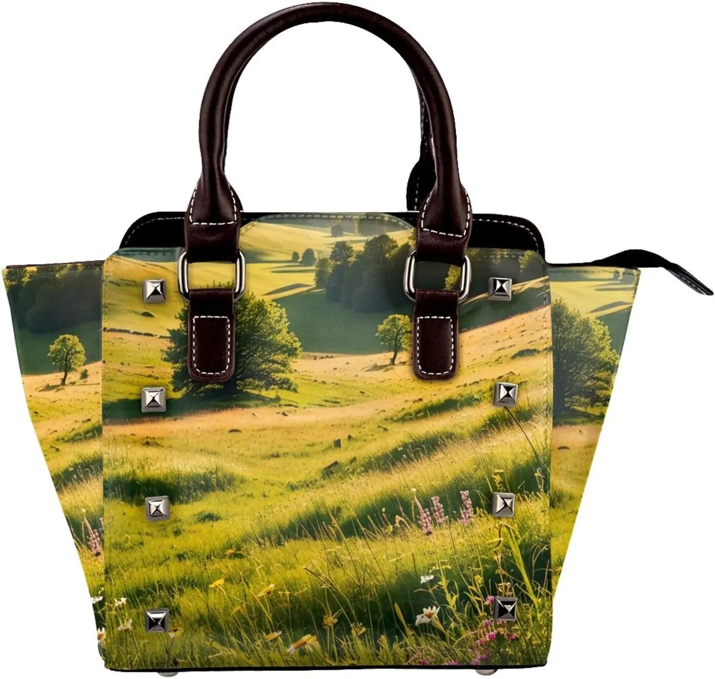 PU Leather Rivet Shoulder Bag for Women,Sunlit Meadows Print Women's Crossbody Handbag Purse Adjustable & Removable Strap Small Tote Bags