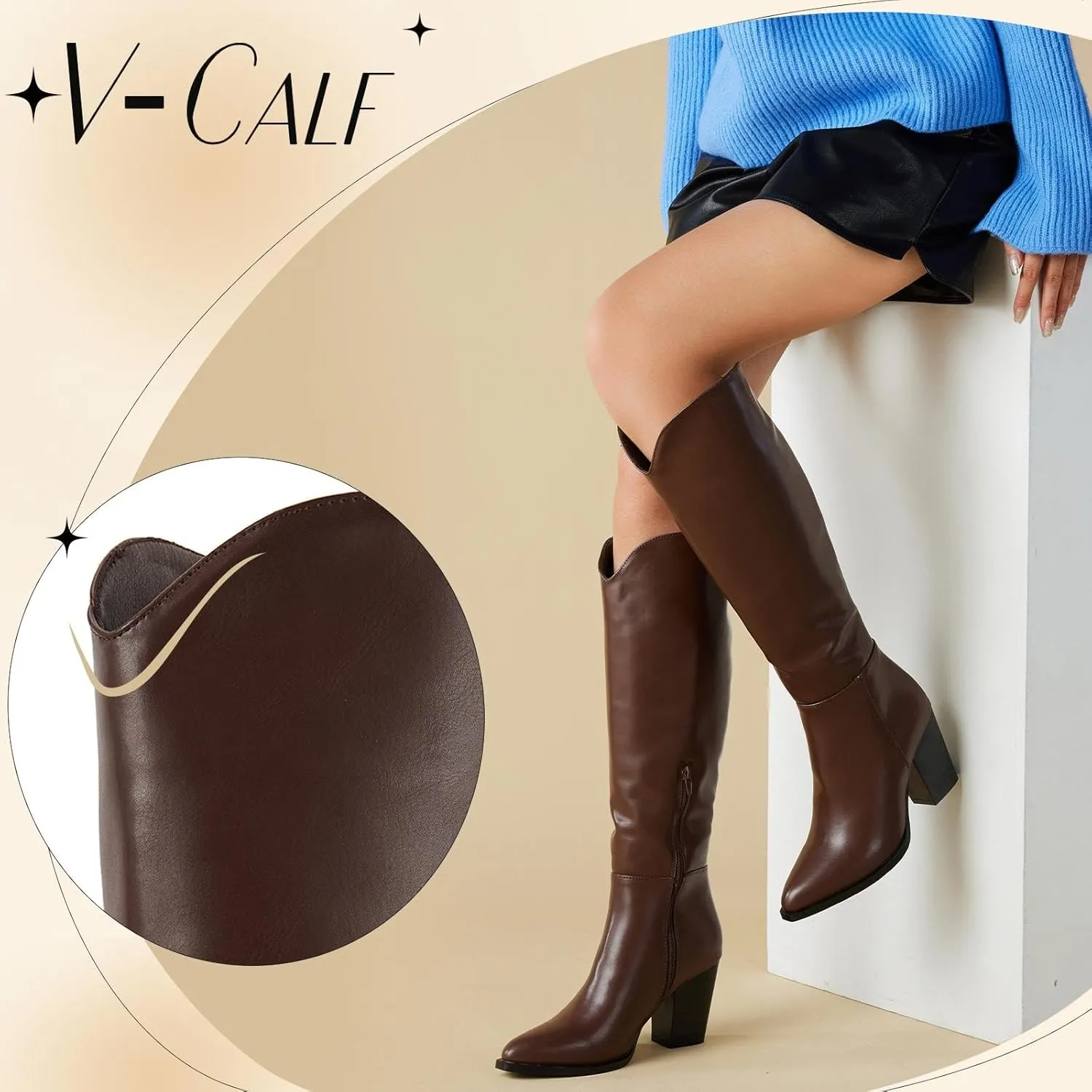 Putu Women's Knee High Boots High Heel Western Boots Pointed Toe Tall Boots Faux Leather