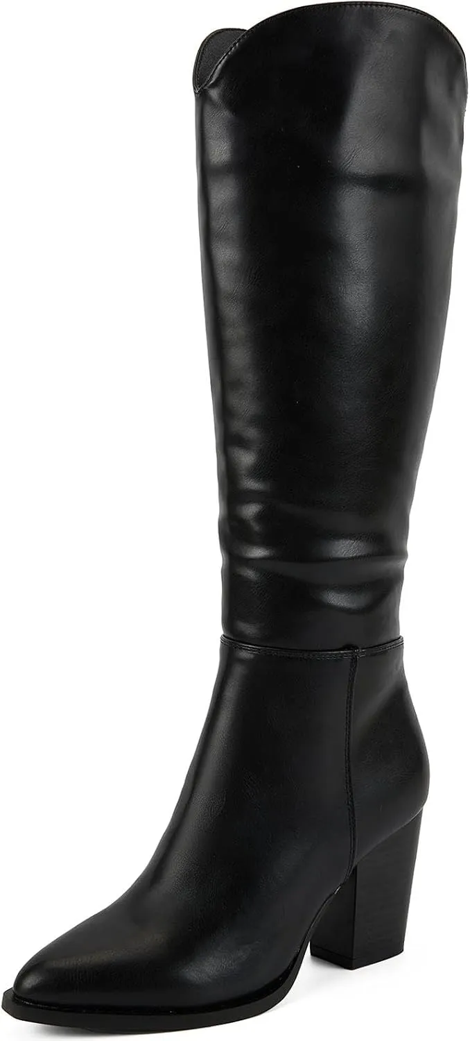 Putu Women's Knee High Boots High Heel Western Boots Pointed Toe Tall Boots Faux Leather