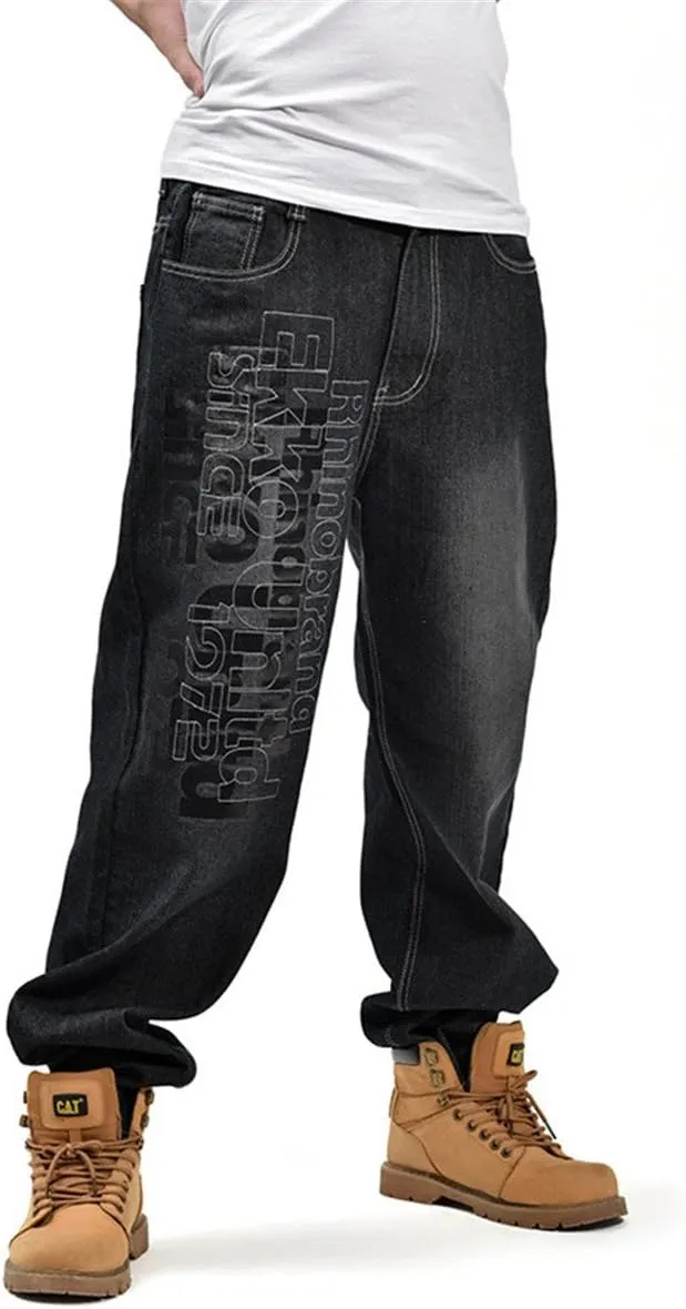 QBO Men's Hip Hop Embroidery Baggy Jeans Denim Pants