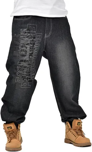QBO Men's Hip Hop Embroidery Baggy Jeans Denim Pants