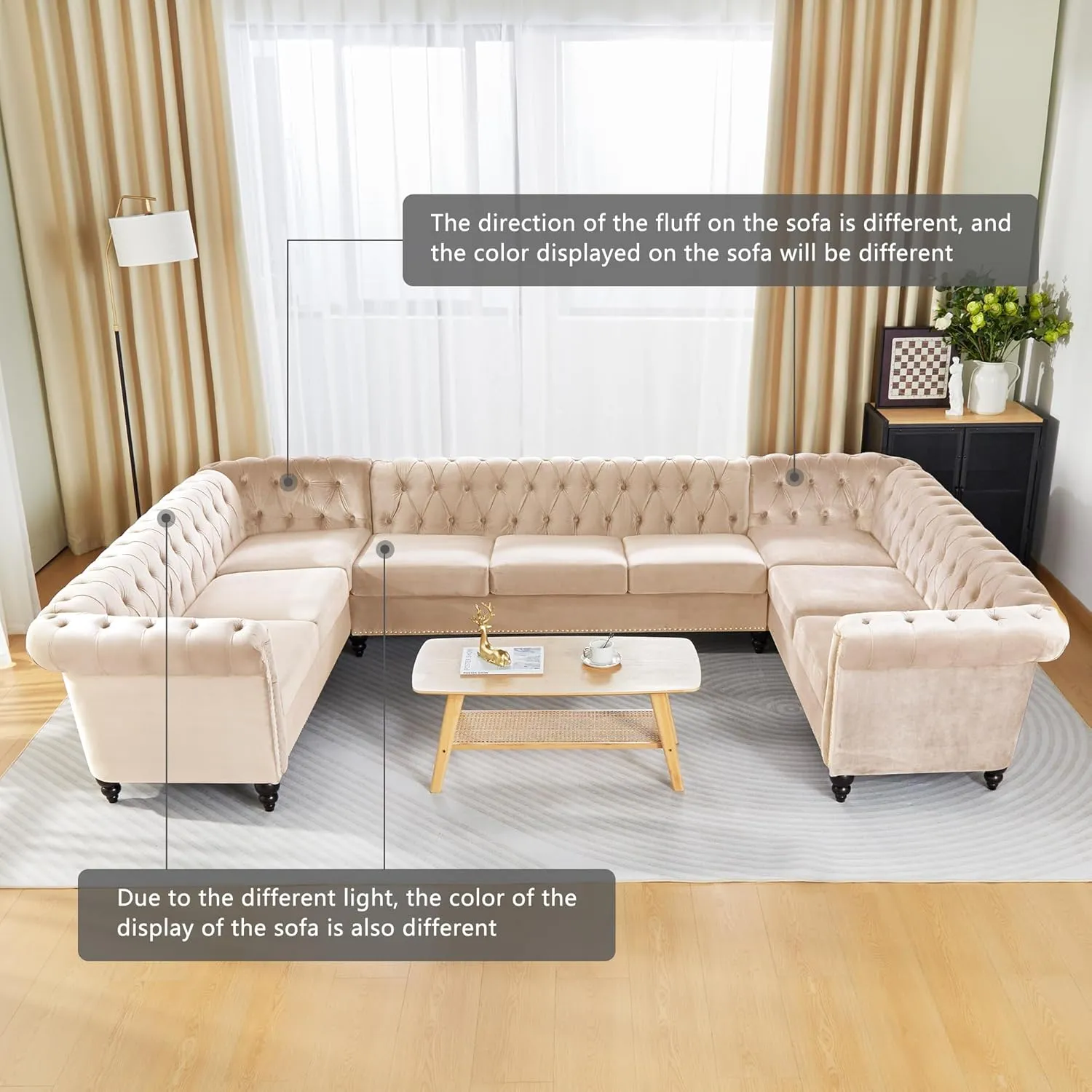 QHITTY U-Shaped Sofa, Sectional Chesterfield Velvet Couch 9-Seater Upholstered Large Accent Tufted Sofa with Rolled Armrest and Nailhead Design for Living Room, Apartment, Office (Beige)