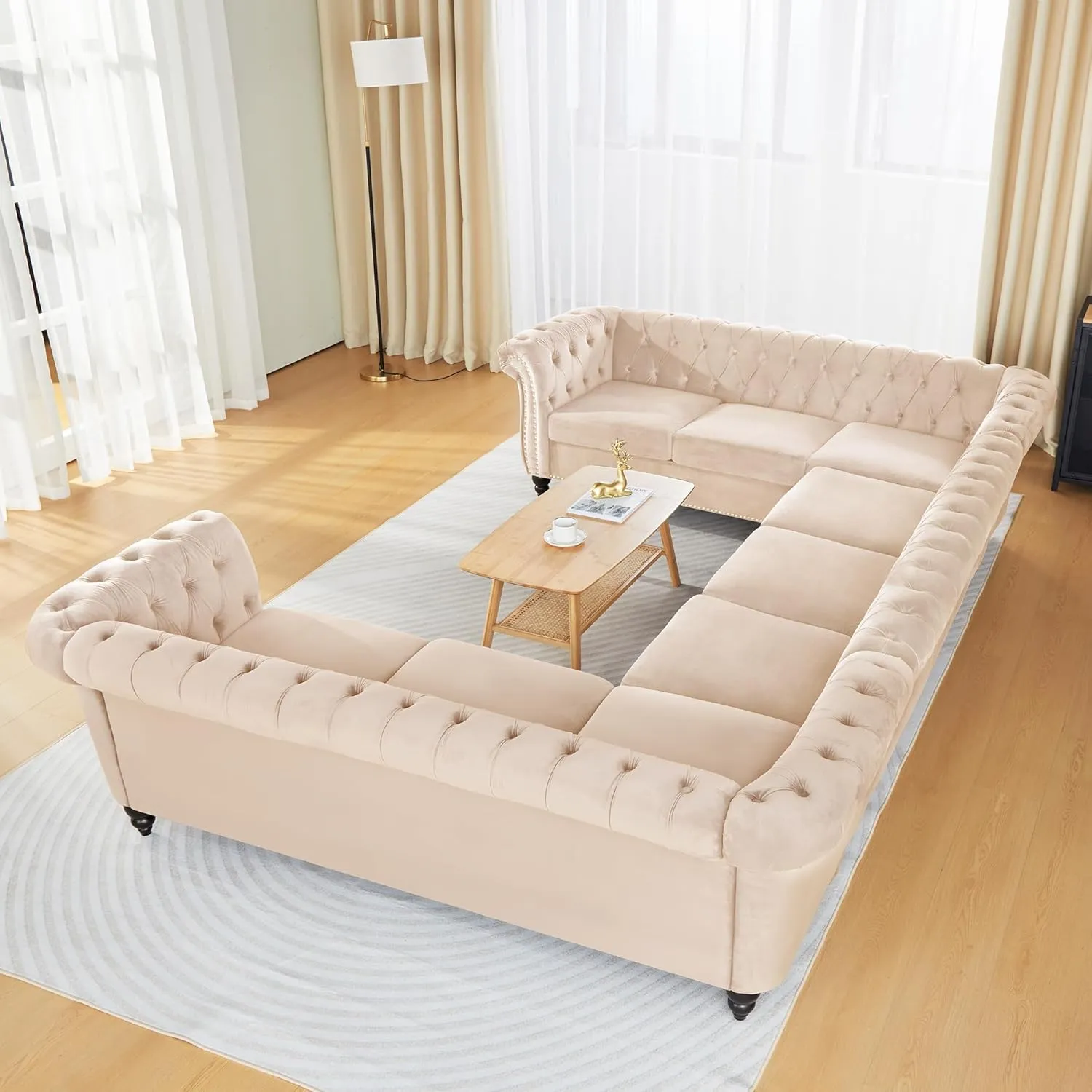 QHITTY U-Shaped Sofa, Sectional Chesterfield Velvet Couch 9-Seater Upholstered Large Accent Tufted Sofa with Rolled Armrest and Nailhead Design for Living Room, Apartment, Office (Beige)