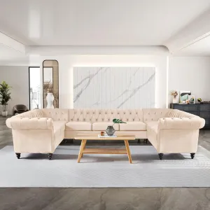 QHITTY U-Shaped Sofa, Sectional Chesterfield Velvet Couch 9-Seater Upholstered Large Accent Tufted Sofa with Rolled Armrest and Nailhead Design for Living Room, Apartment, Office (Beige)