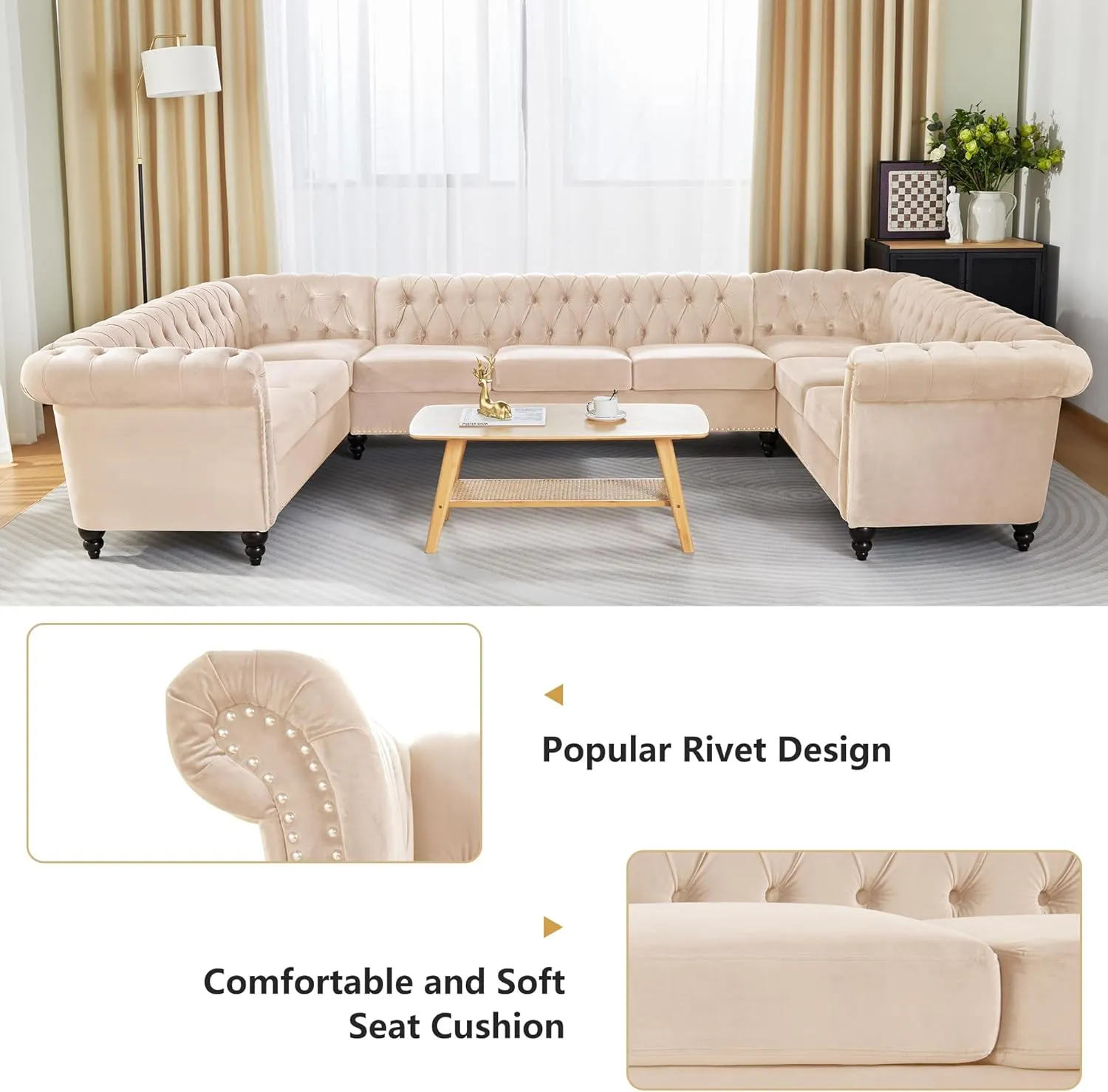 QHITTY U-Shaped Sofa, Sectional Chesterfield Velvet Couch 9-Seater Upholstered Large Accent Tufted Sofa with Rolled Armrest and Nailhead Design for Living Room, Apartment, Office (Beige)