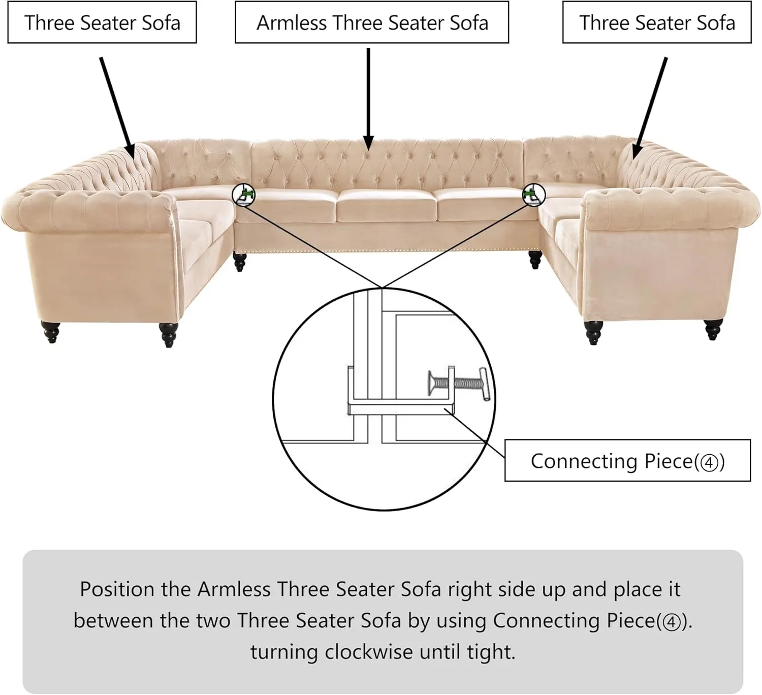 QHITTY U-Shaped Sofa, Sectional Chesterfield Velvet Couch 9-Seater Upholstered Large Accent Tufted Sofa with Rolled Armrest and Nailhead Design for Living Room, Apartment, Office (Beige)