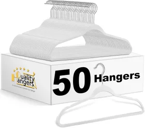 Quality Hangers Non-Velvet Plastic Hangers, Heavy Duty Space-Saving Functional Non-Flocked Closet Hangers Set with Chrome Swivel Hook For Coat, Clothes, White, 50 Pack