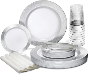 " OCCASIONS " 280pcs set (40 Guests)-Heavyweight Wedding Party Disposable Plastic Plate Set-40 x 10.5''   40 x 6.25''   Silverware   Cups   Napkins (Linen in White & Silver)