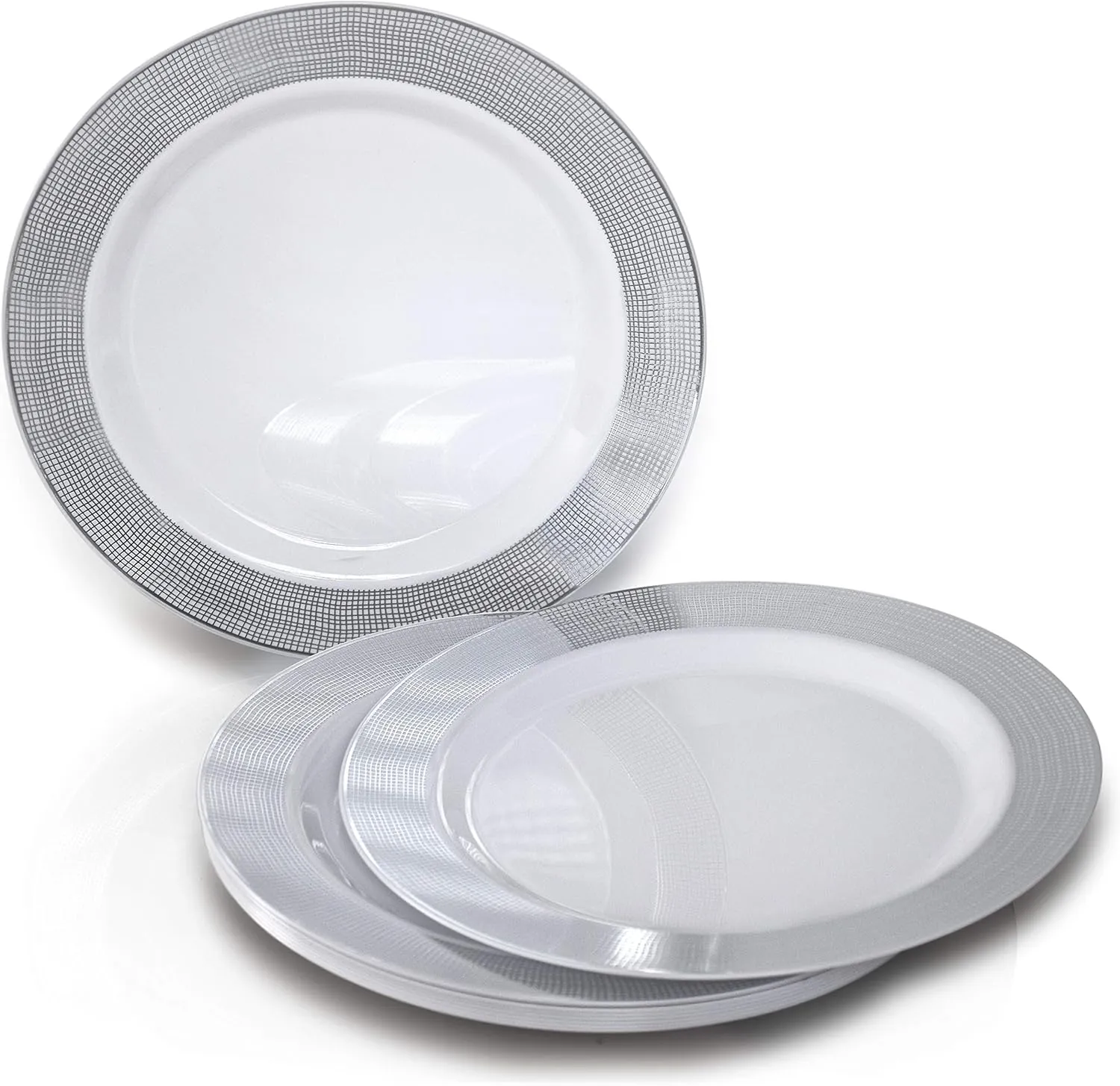 " OCCASIONS " 280pcs set (40 Guests)-Heavyweight Wedding Party Disposable Plastic Plate Set-40 x 10.5''   40 x 6.25''   Silverware   Cups   Napkins (Linen in White & Silver)