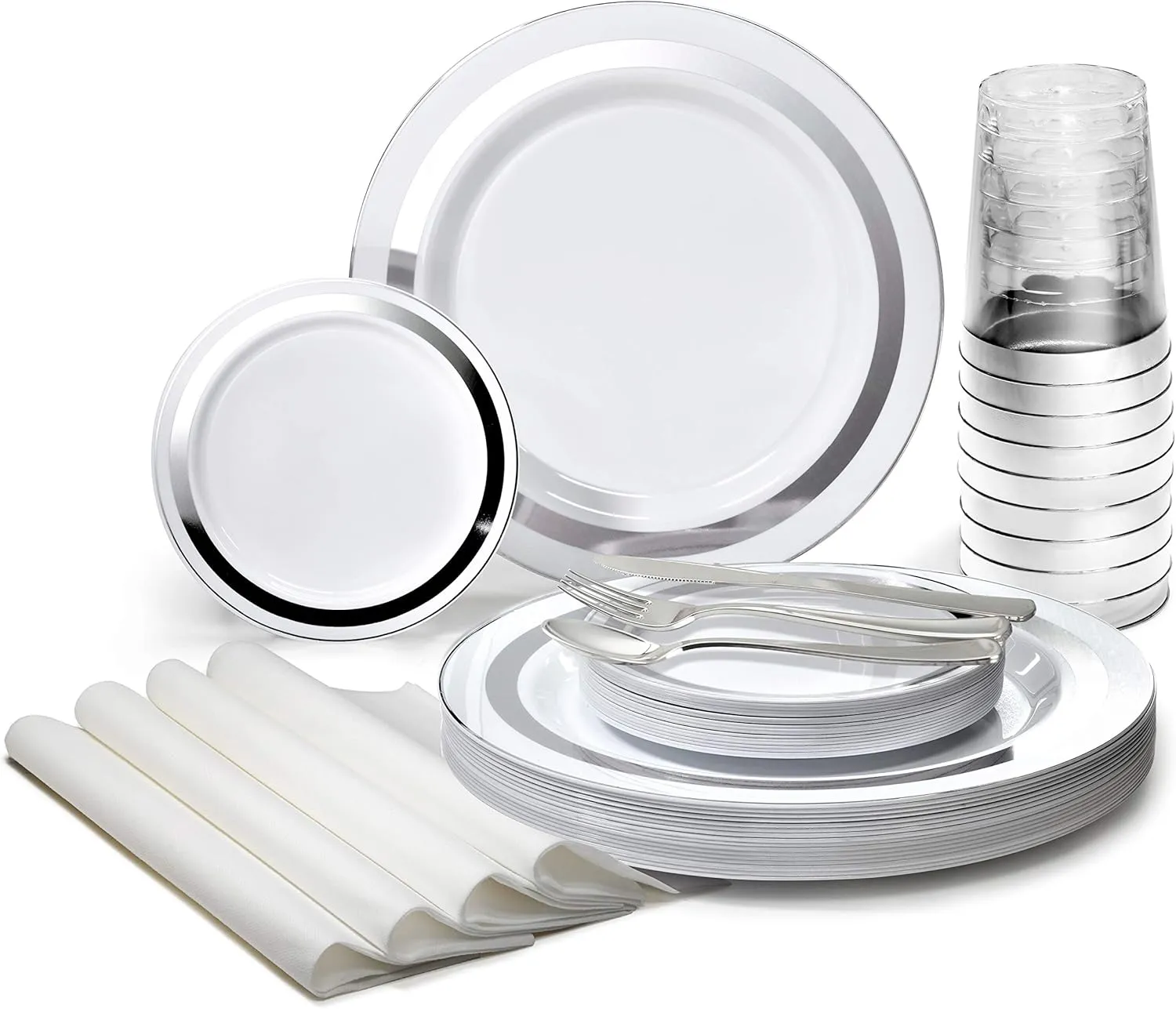 " OCCASIONS " 280pcs set (40 Guests)-Heavyweight Wedding Party Disposable Plastic Plate Set-40 x 10.5''   40 x 6.25''   Silverware   Cups   Napkins (Soleil White & Silver)