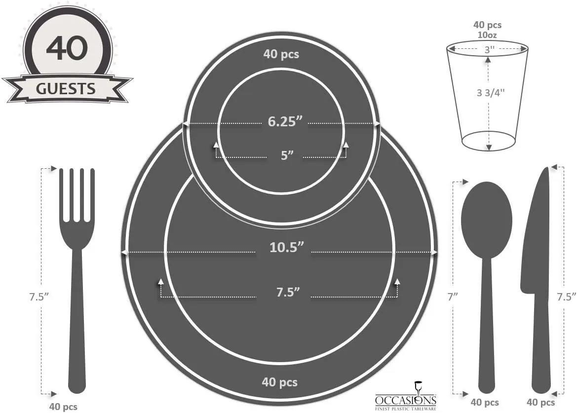 " OCCASIONS " 280pcs set (40 Guests)-Heavyweight Wedding Party Disposable Plastic Plate Set-40 x 10.5''   40 x 6.25''   Silverware   Cups   Napkins (Soleil White & Silver)