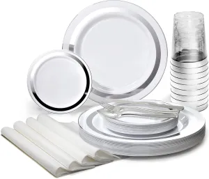 " OCCASIONS " 280pcs set (40 Guests)-Heavyweight Wedding Party Disposable Plastic Plate Set-40 x 10.5''   40 x 6.25''   Silverware   Cups   Napkins (Soleil White & Silver)