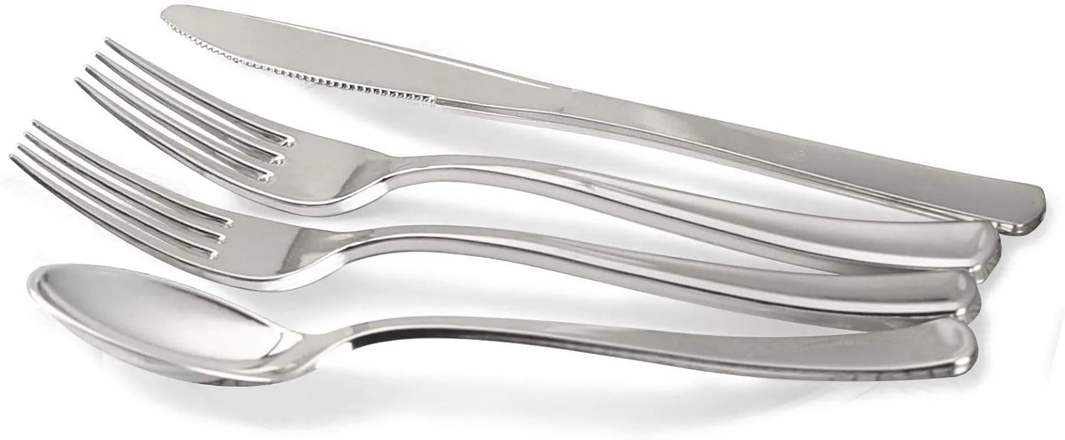 " OCCASIONS " 280pcs set (40 Guests)-Heavyweight Wedding Party Disposable Plastic Plate Set-40 x 10.5''   40 x 6.25''   Silverware   Cups   Napkins (Soleil White & Silver)