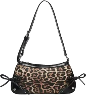 QWINEE Women's Bow Knot Leopard Print Shoulder Bag Zipper Faux Leather Underarm Purse with Adjustable Strap