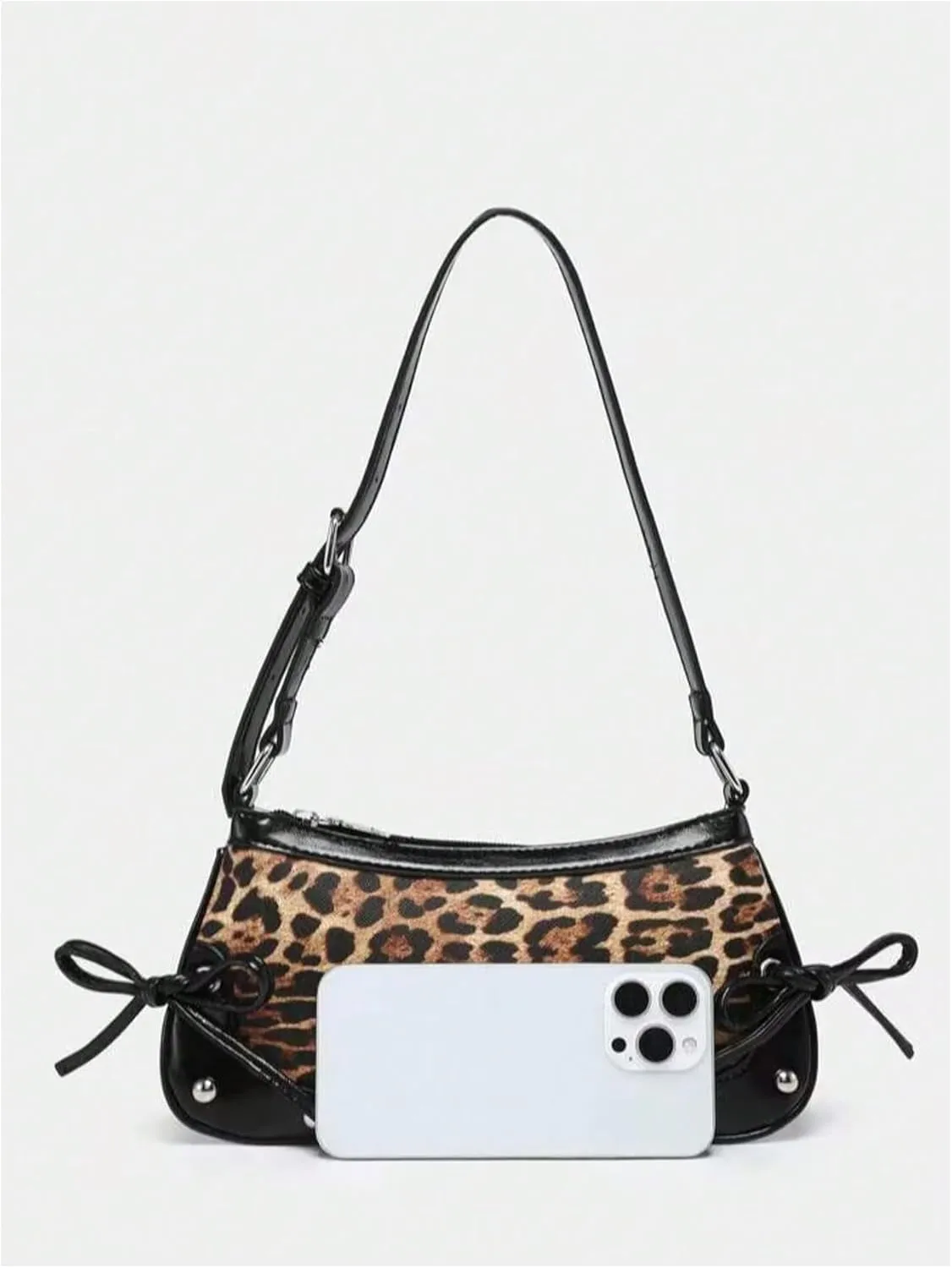 QWINEE Women's Bow Knot Leopard Print Shoulder Bag Zipper Faux Leather Underarm Purse with Adjustable Strap
