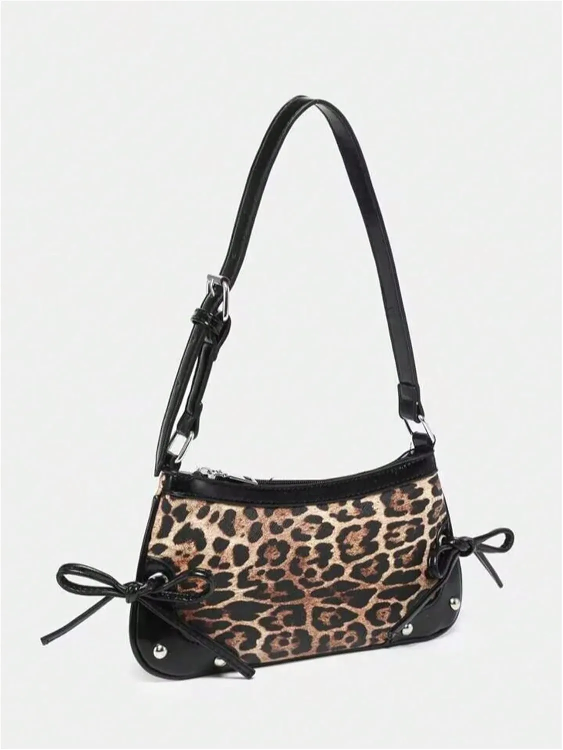 QWINEE Women's Bow Knot Leopard Print Shoulder Bag Zipper Faux Leather Underarm Purse with Adjustable Strap