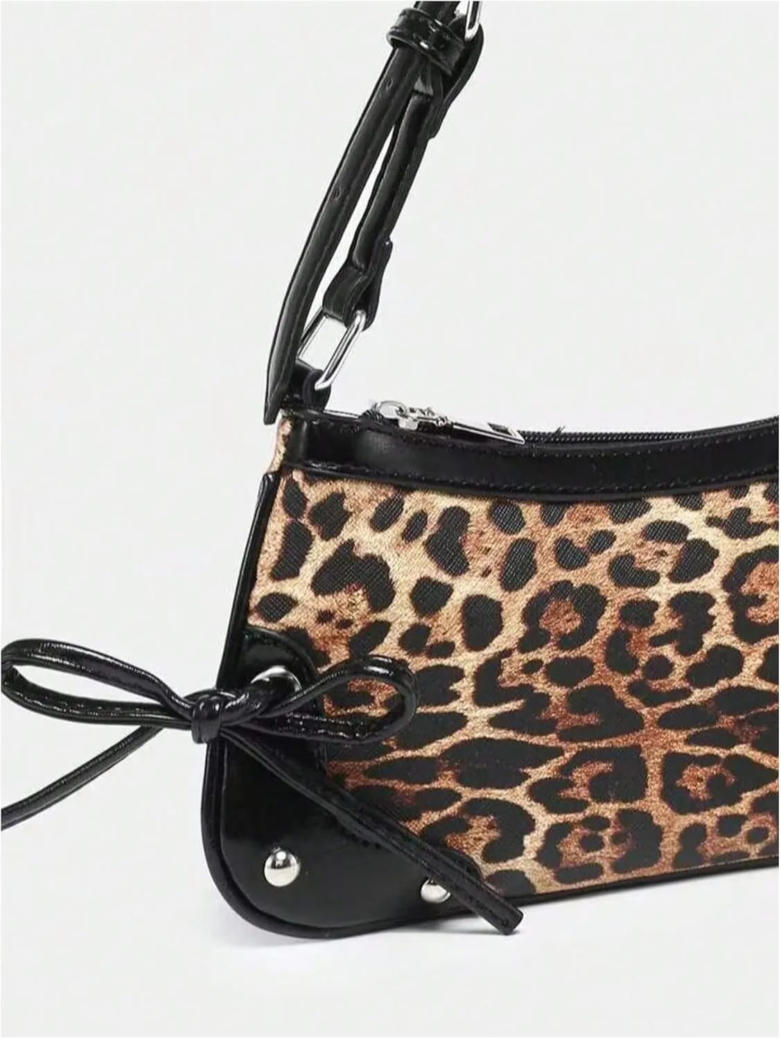 QWINEE Women's Bow Knot Leopard Print Shoulder Bag Zipper Faux Leather Underarm Purse with Adjustable Strap