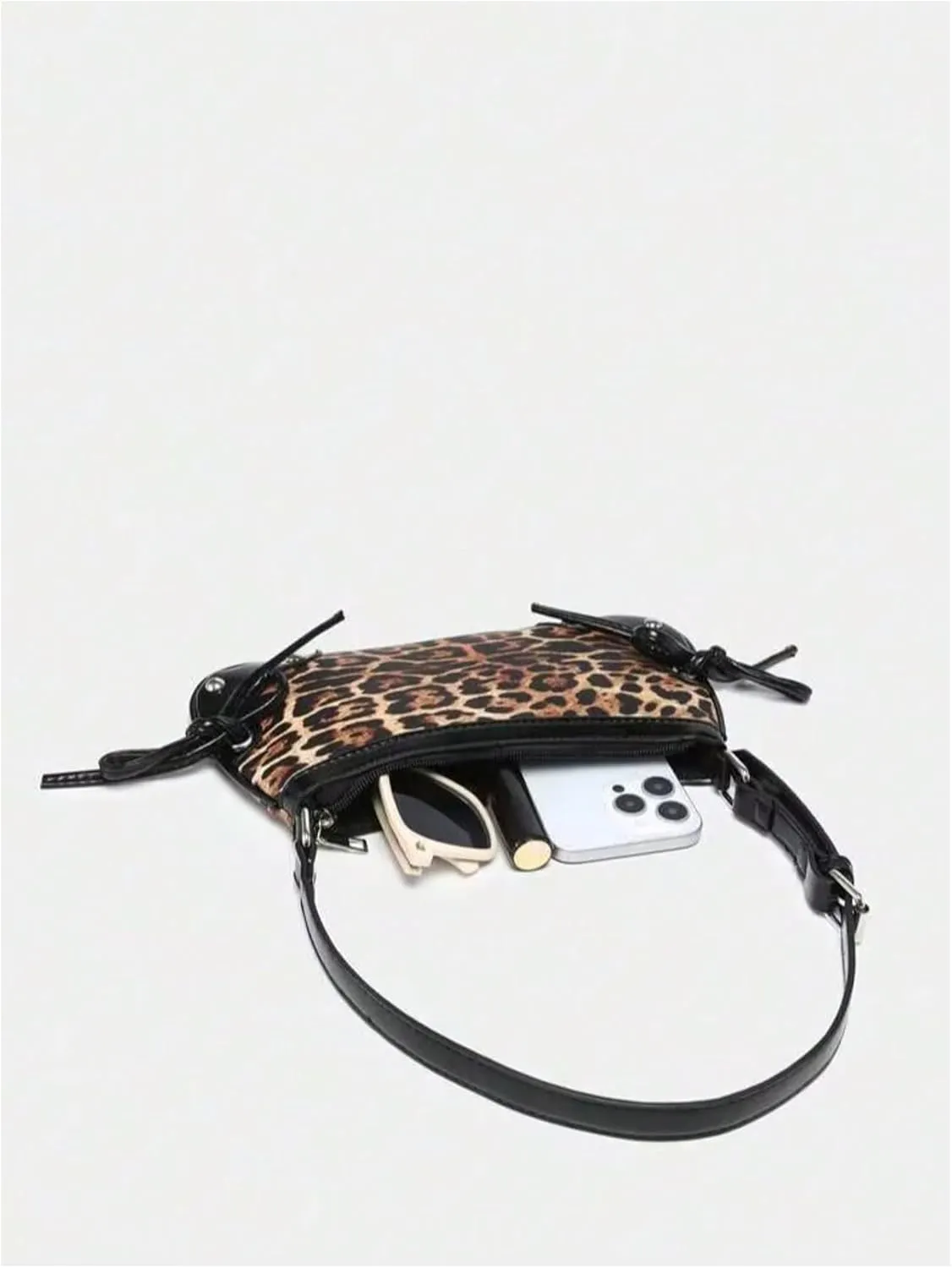QWINEE Women's Bow Knot Leopard Print Shoulder Bag Zipper Faux Leather Underarm Purse with Adjustable Strap
