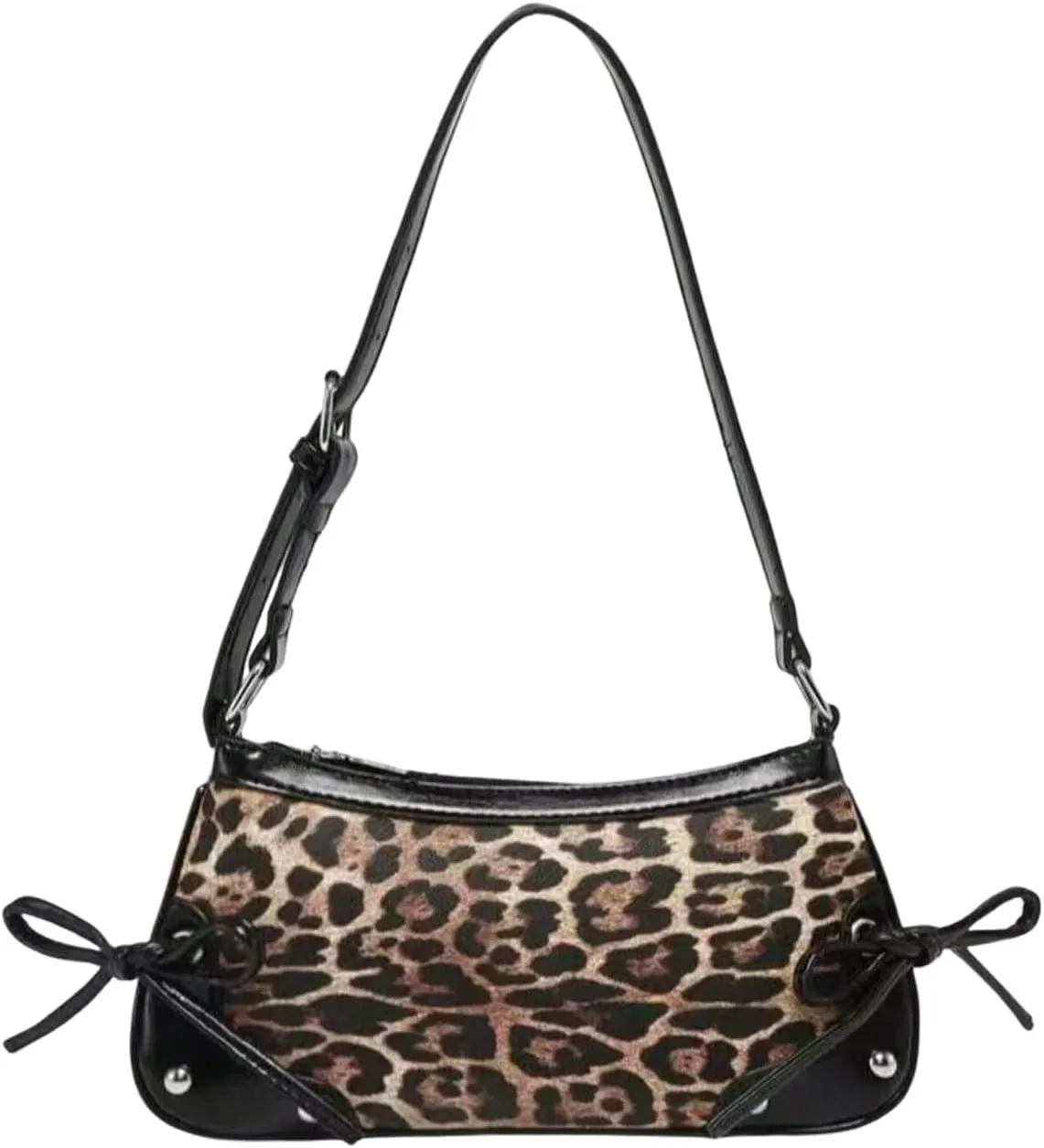 QWINEE Women's Bow Knot Leopard Print Shoulder Bag Zipper Faux Leather Underarm Purse with Adjustable Strap