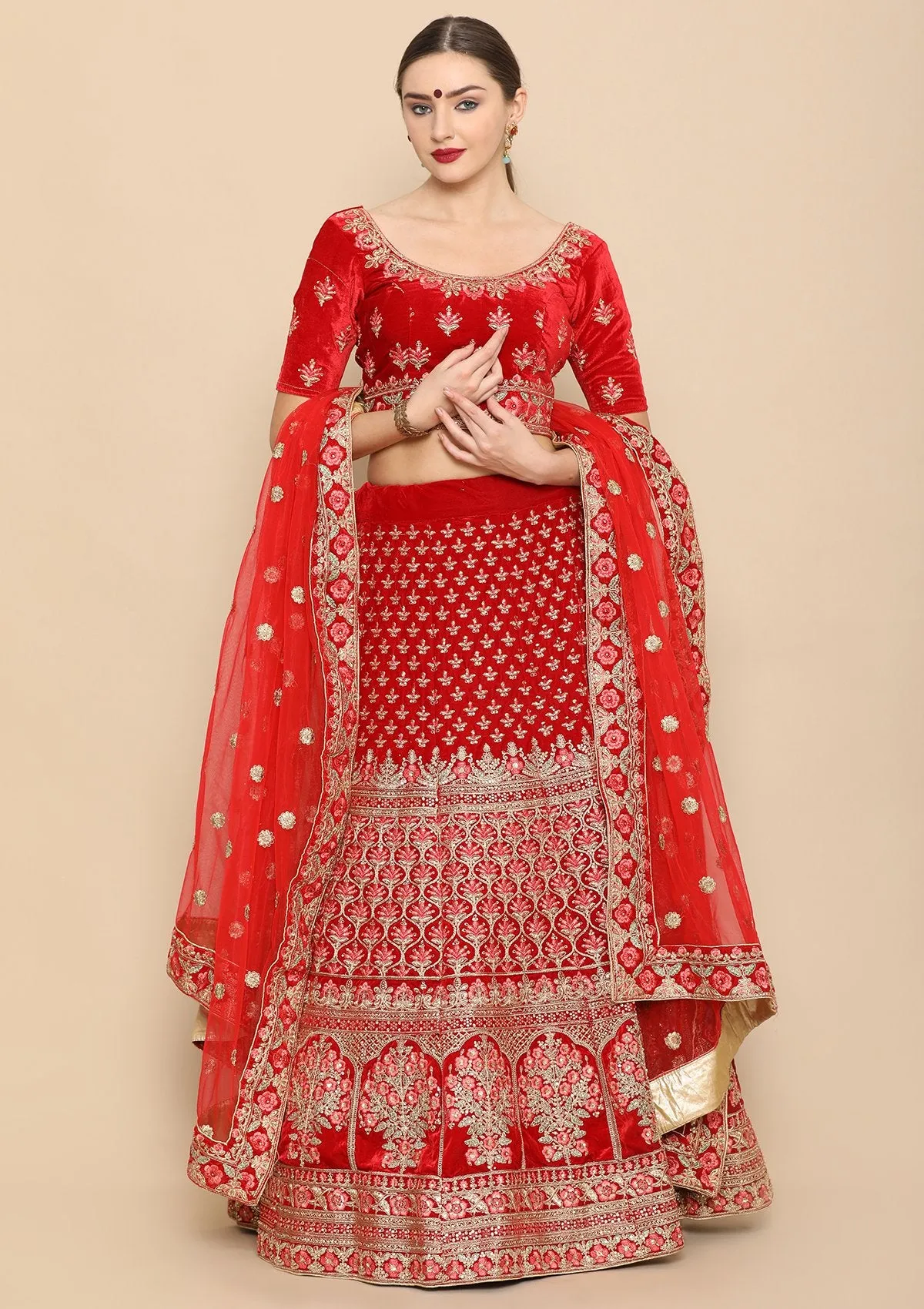 Red Micro Stone Work Silk Semi Stitched Lehenga