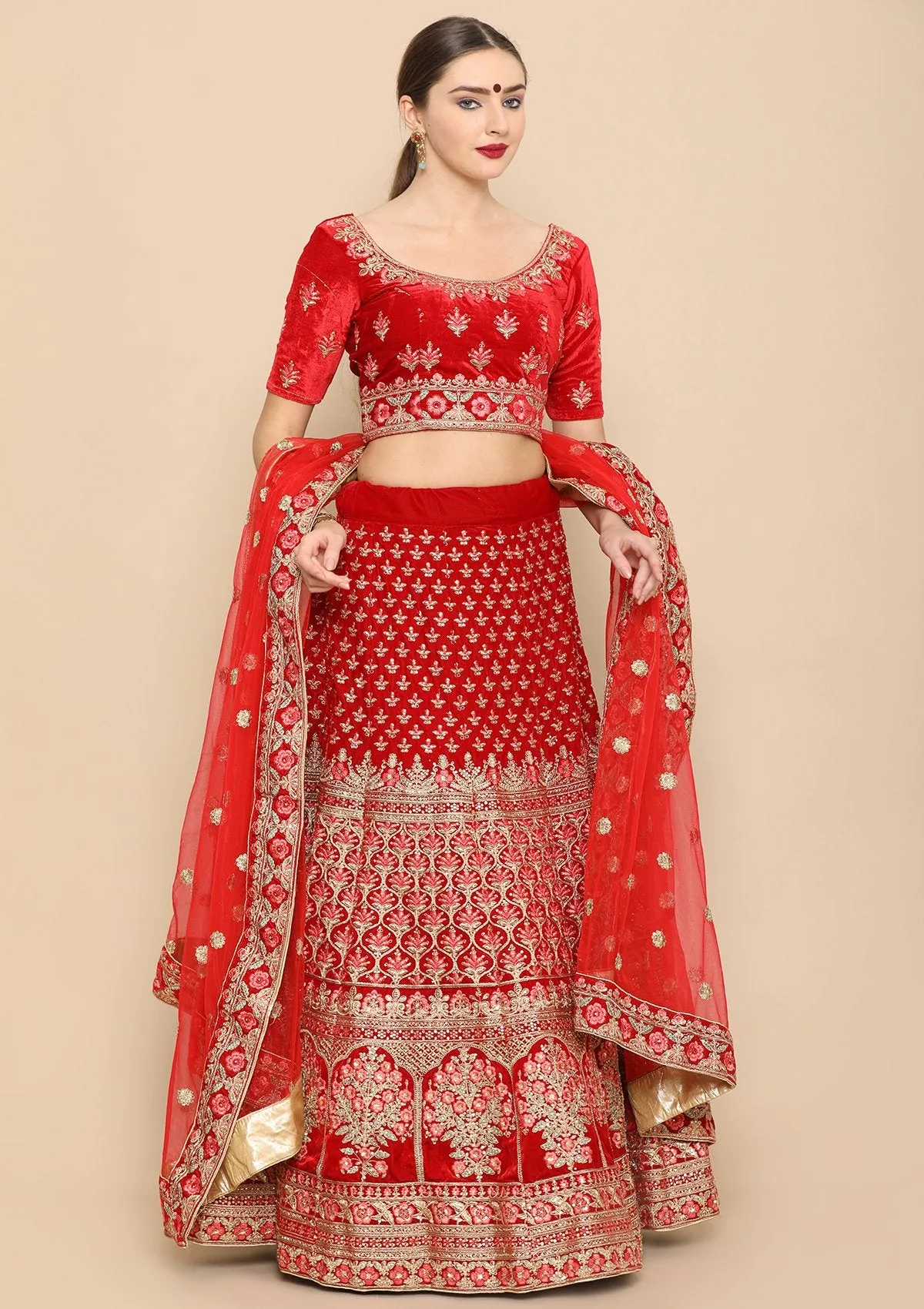 Red Micro Stone Work Silk Semi Stitched Lehenga