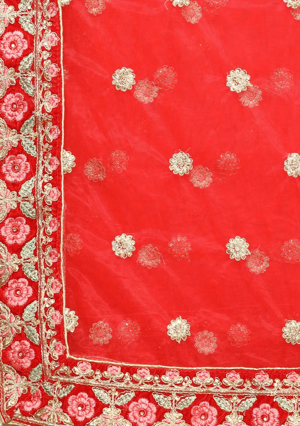 Red Micro Stone Work Silk Semi Stitched Lehenga