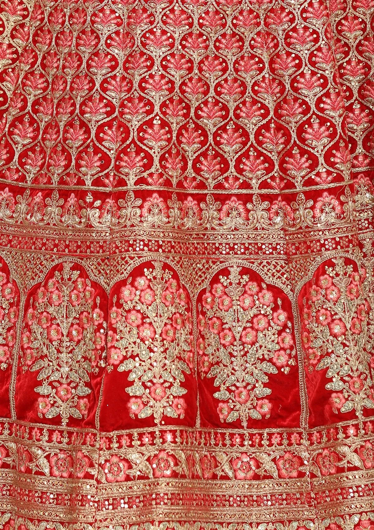 Red Micro Stone Work Silk Semi Stitched Lehenga